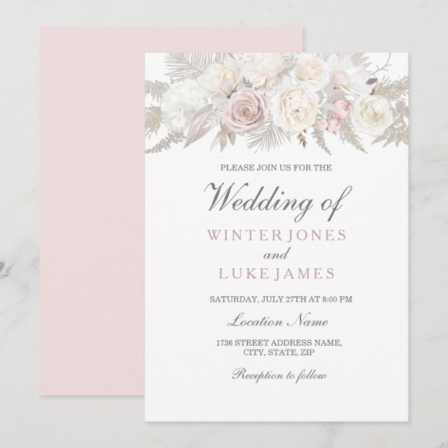 Invitación Elegante Boda de Marfil y Invierno Rosa (Anverso / Reverso)