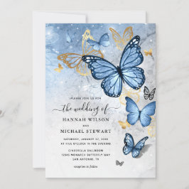 Invitación Elegante Boda de mariposa azul bebé dorado
