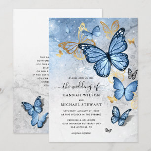 Invitación Elegante Boda de mariposa azul bebé dorado