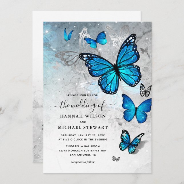 Invitación Elegante Boda de mariposa azul plateado (Anverso / Reverso)
