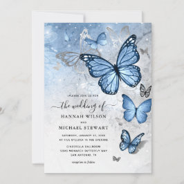 Invitación Elegante Boda de mariposa azul turbio plateado