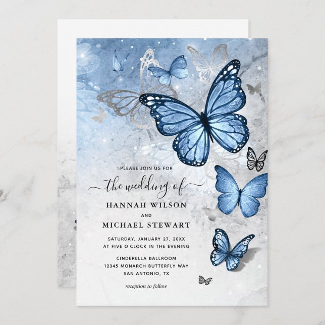 Invitación Elegante Boda de mariposa azul turbio plateado (Anverso / Reverso)