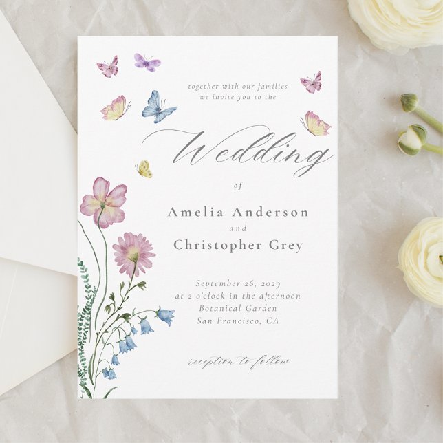 Invitación Elegante Boda de mariposa de flores silvestres (Subido por el creador)