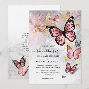 Invitación Elegante Boda de mariposa de oro rosa rosa de Rubo