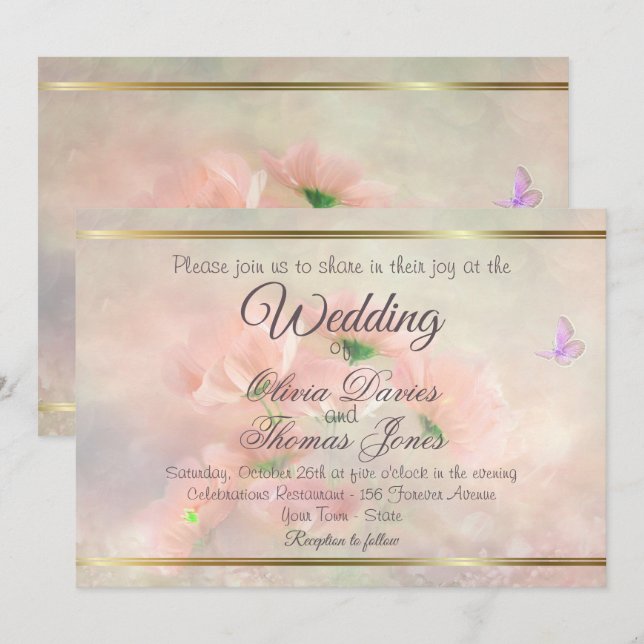 Invitación Elegante Boda de mariposa floral rosa de Rubor rús (Anverso / Reverso)