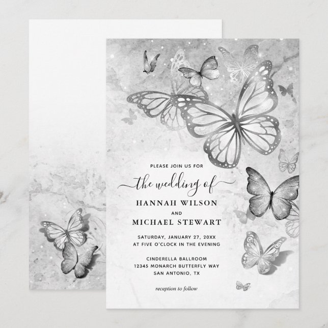Invitación Elegante Boda de mariposa plateada (Anverso / Reverso)