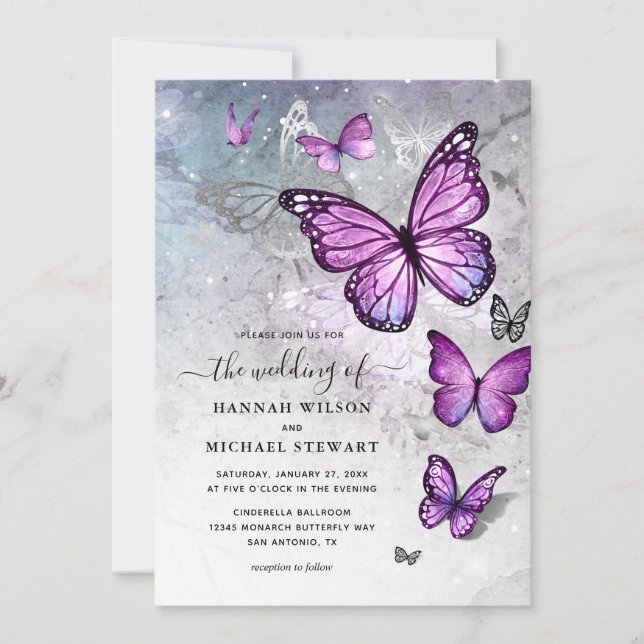 Invitación Elegante Boda de mariposa plateada y morada (Anverso)