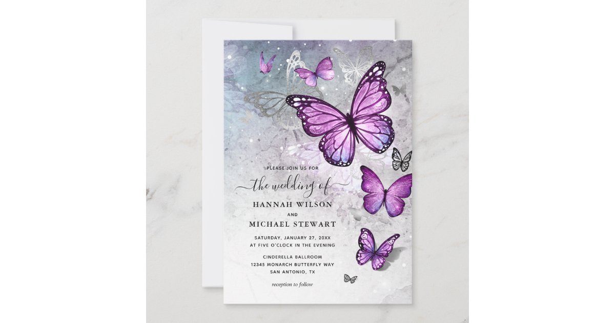 Invitación Elegante Boda de mariposa plateada y morada Zazzle.es