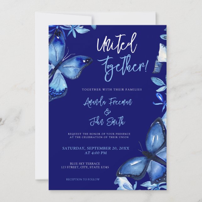 Invitación Elegante Boda de mariposas color azul (Anverso)