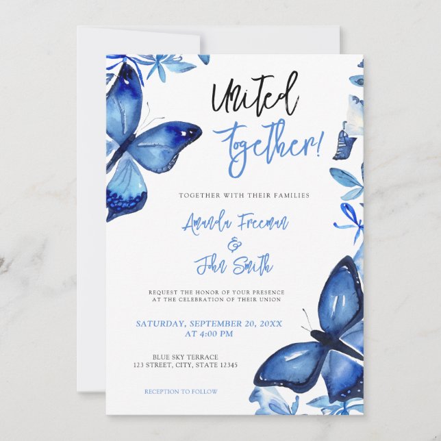 Invitación Elegante Boda de mariposas color azul (Anverso)
