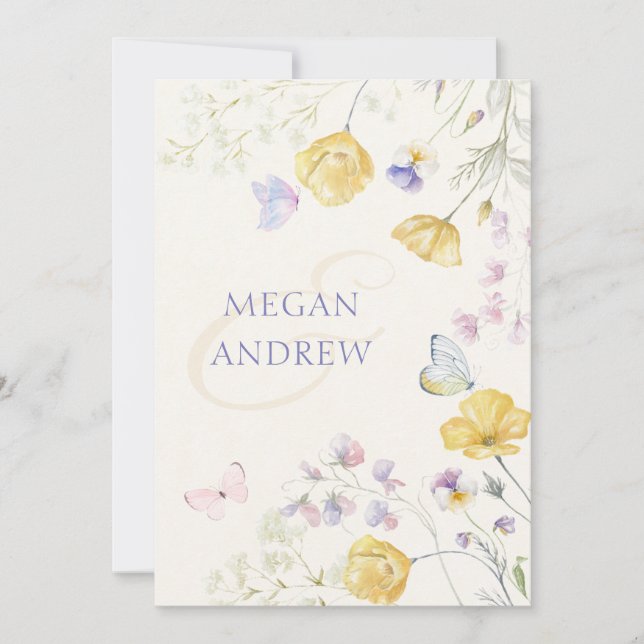 Invitación Elegante boda de mariposas florales (Anverso)