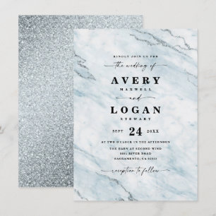Invitación Elegante Boda de mármol azul y plateado y Purpurin