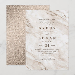 Invitación Elegante Boda de mármol beige blanco y Purpurina