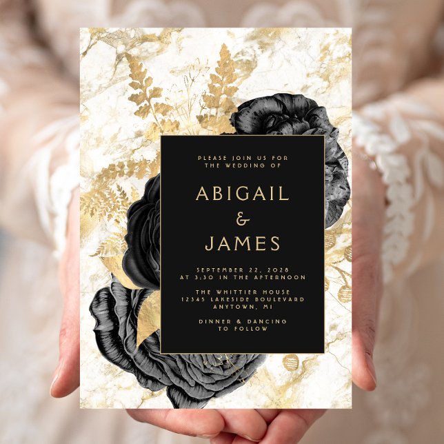 Invitación Elegante Boda de Mármol Blanco de Oro Negro Floral (Subido por el creador)