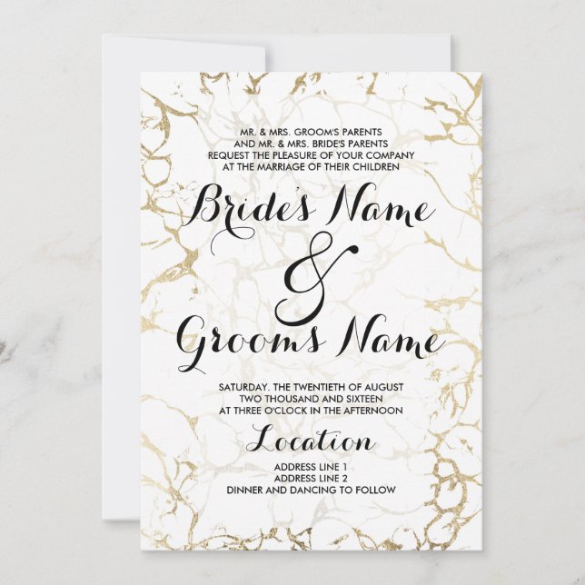 Invitación Elegante boda de mármol blanco y moda dorada (Anverso)