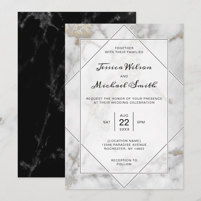 Invitación Elegante Boda de mármol blanco y negro dorado (Anverso / Reverso)