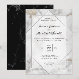 Invitación Elegante Boda de mármol blanco y negro dorado