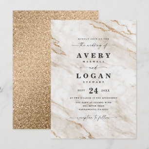Invitación Elegante Boda de Mármol Blanco y Oro y Purpurina
