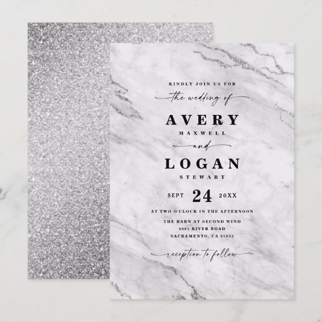 Invitación Elegante Boda de mármol blanco y plateado y Purpur (Anverso / Reverso)