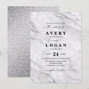 Invitación Elegante Boda de mármol blanco y plateado y Purpur