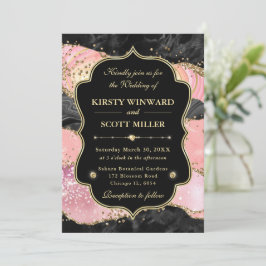 Invitación Elegante Boda de Mármol de Ágata Rosa y Oro Brilla
