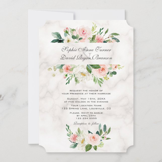 Invitación Elegante Boda de mármol de flores de crema rosa de (Anverso)