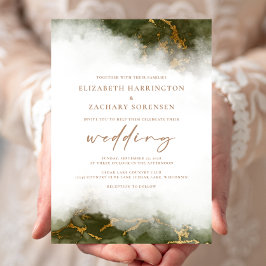 Invitación Elegante Boda de Mármol de Oro Verde de Oliva