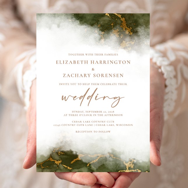 Invitación Elegante Boda de Mármol de Oro Verde de Oliva (Subido por el creador)