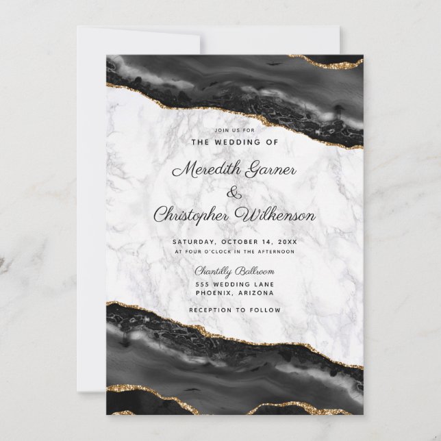 Invitación Elegante Boda de Mármol del Agate de Oro Negro (Anverso)