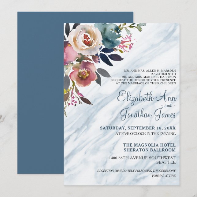 Invitación Elegante Boda de Mármol Floral Azul de Borgoña (Anverso / Reverso)