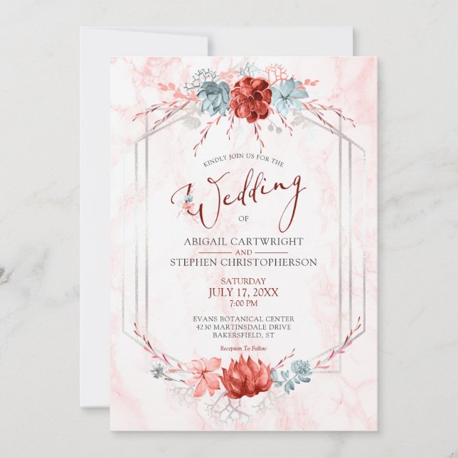 Invitación Elegante Boda de Mármol Geométrico Floral Coral (Anverso)
