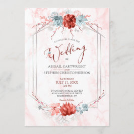 Invitación Elegante Boda de Mármol Geométrico Floral Coral