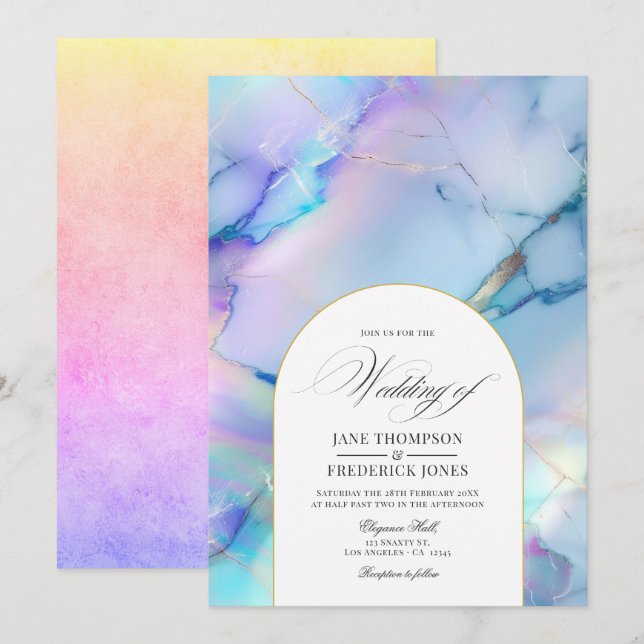 Invitación Elegante Boda de Mármol Holográfico Faux (Anverso / Reverso)