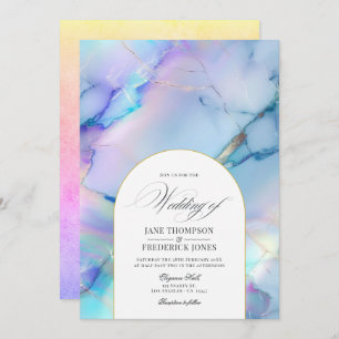 Invitación Elegante Boda de Mármol Holográfico Faux