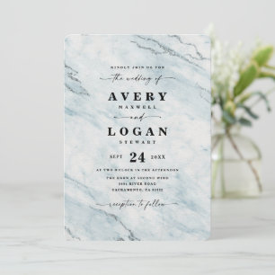 Invitación Elegante Boda de mármol metálico azul y plateado