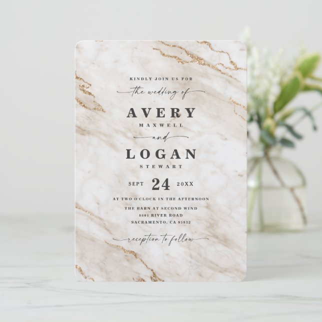 Invitación Elegante Boda De Mármol Metálico Blanco Y Oro (Anverso de pie)