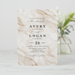 Invitación Elegante Boda De Mármol Metálico Blanco Y Oro