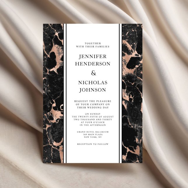 Invitación Elegante boda de mármol negro con oro rosa (Elegant Rose Gold Black Marble Wedding Invitation)