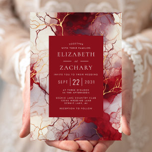 Invitación Elegante Boda de Mármol Rojo Oro Blanco