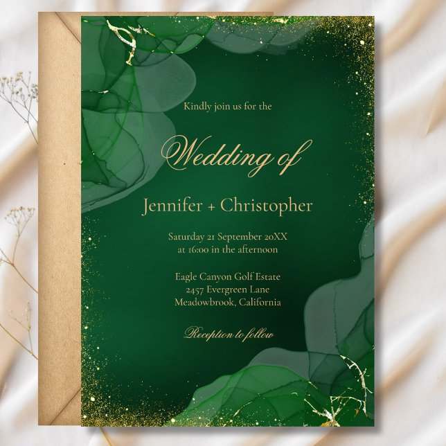 Invitación Elegante Boda de Mármol Verde Esmeralda y Oro (Elegant Emerald Green Gold Marble Wedding Invitation)