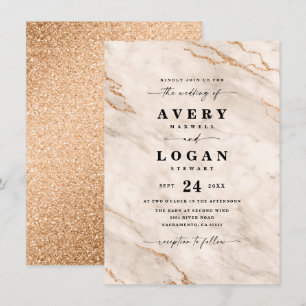 Invitación Elegante Boda de Mármol y Brillo en Beige y Dorado