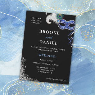 Invitación Elegante Boda de Máscara con Plata y Azul