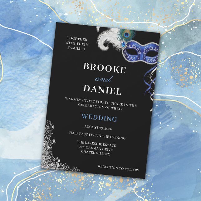 Invitación Elegante Boda de Máscara con Plata y Azul (Subido por el creador)