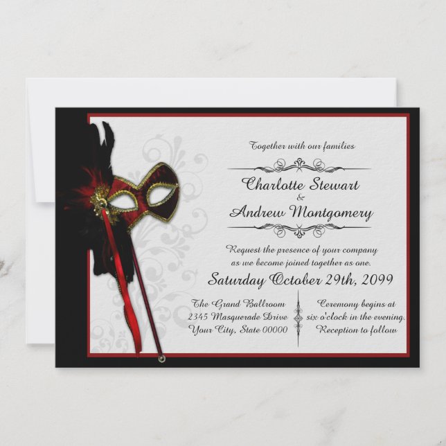 Invitación Elegante Boda de Masquerade (Anverso)