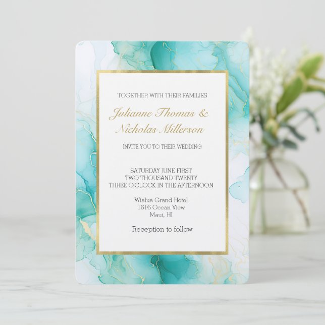 Invitación Elegante Boda de Mint Aqua Pearl Gold Marble (Anverso de pie)