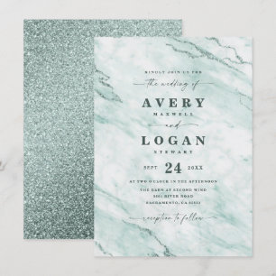 Invitación Elegante Boda de Mint Green Marble y Purpurina