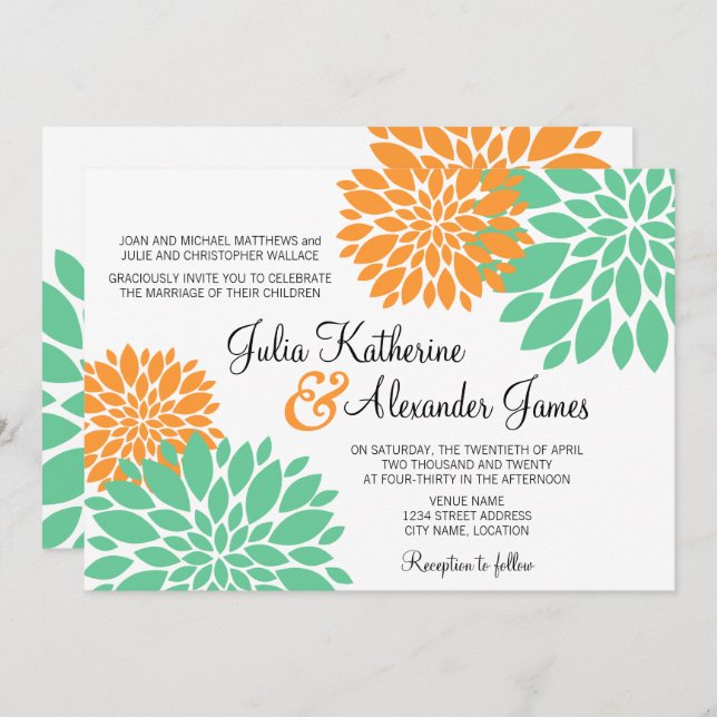 Invitación Elegante Boda de Mint y Naranja Floral Burst (Anverso / Reverso)