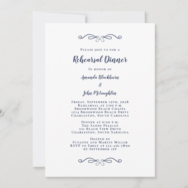 Invitación Elegante Boda de Moda azul y blanca para la cena (Anverso)