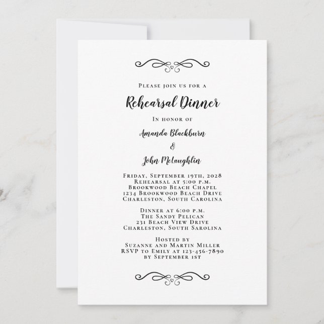 Invitación Elegante Boda de Moda blanca negra para la cena (Anverso)