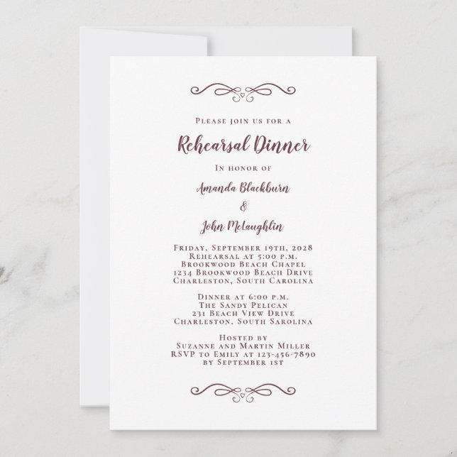 Invitación Elegante Boda de Moda Borgoña Ensayo Cena (Anverso)